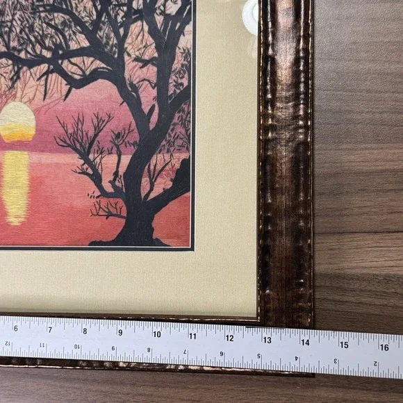 Chinese Suzhou Embroidery King Silk Art Tree Near Water Under Pink Sunset Framed - Picture 4 of 6